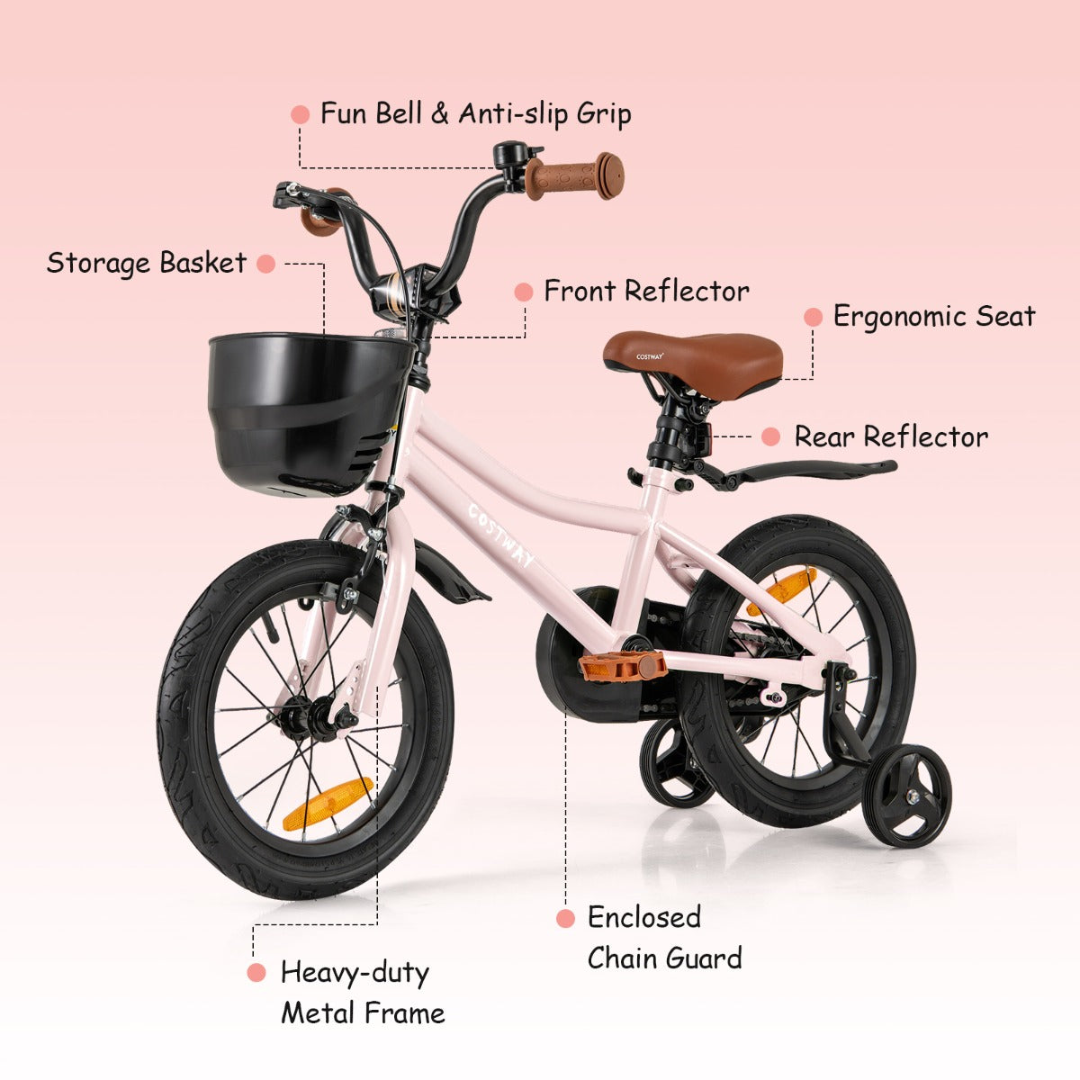 Adjustable Kids Bike with Training Wheels-Pink-14 inches