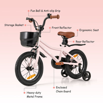 Adjustable Kids Bike with Training Wheels-Pink-14 inches