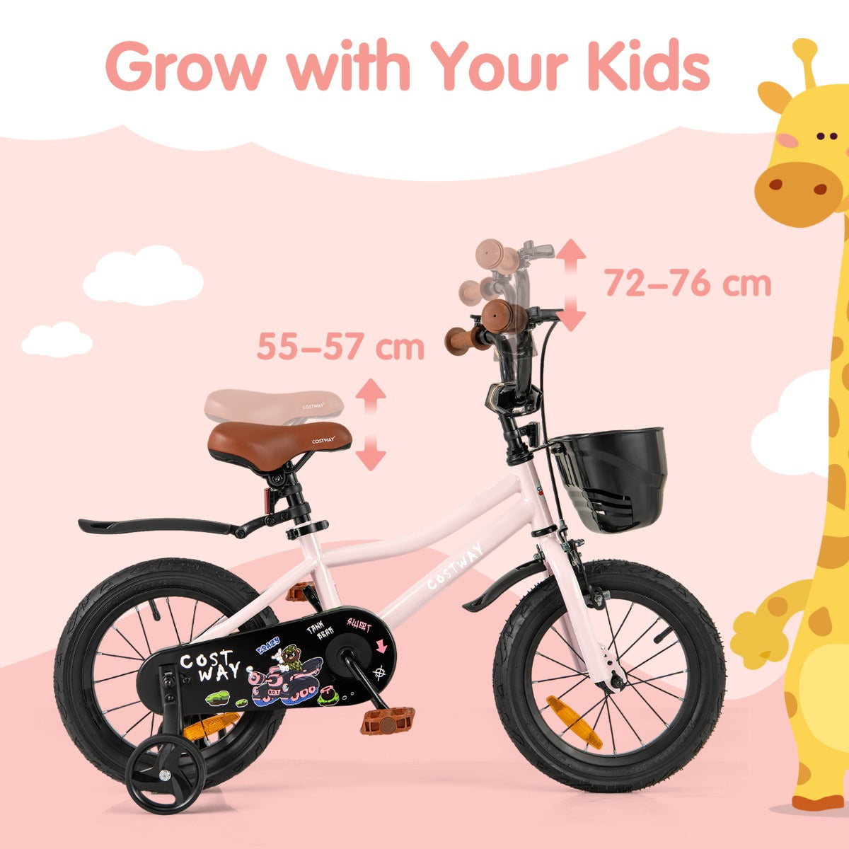 Adjustable Kids Bike with Training Wheels-Pink-14 inches