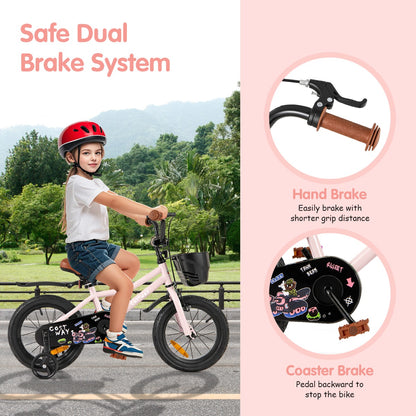 Adjustable Kids Bike with Training Wheels-Pink-14 inches
