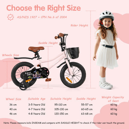Adjustable Kids Bike with Training Wheels-Pink-14 inches