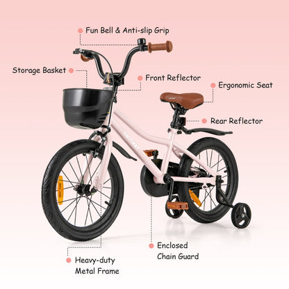 Adjustable Kids Bike with Training Wheels-Pink-16 inches