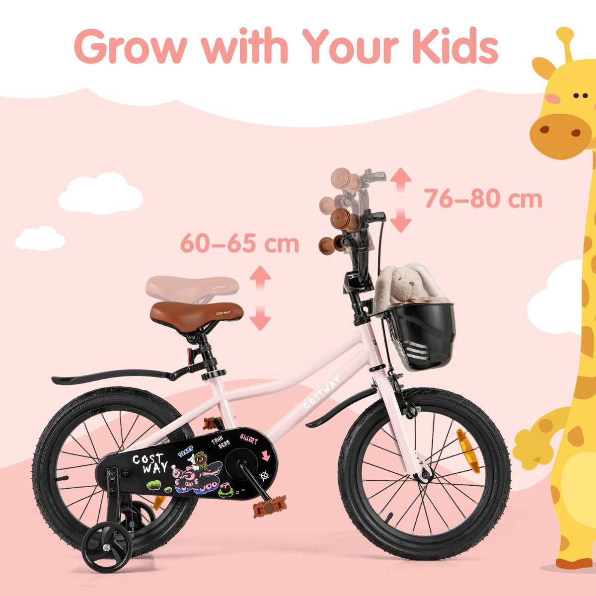 Adjustable Kids Bike with Training Wheels-Pink-16 inches