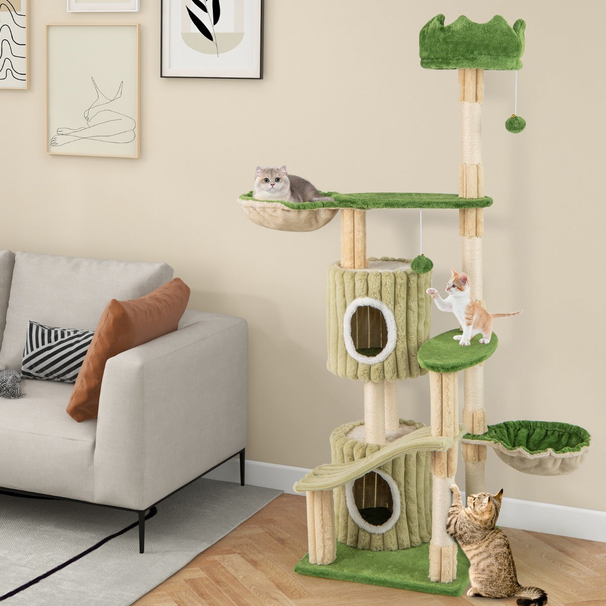 Multi-Level Aesthetic Stripped Kitten Tower with 2 Condos and 2 Hammocks-Green