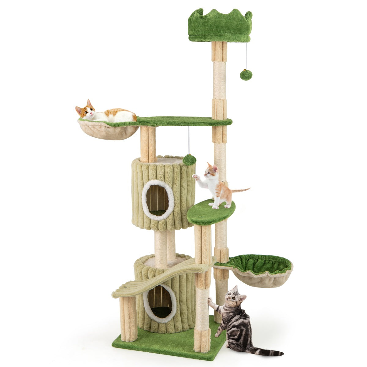 Multi-Level Aesthetic Stripped Kitten Tower with 2 Condos and 2 Hammocks-Green