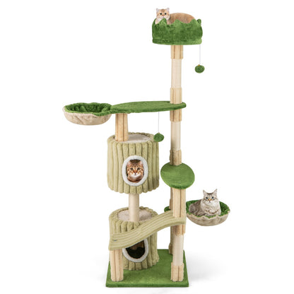 Multi-Level Aesthetic Stripped Kitten Tower with 2 Condos and 2 Hammocks-Green