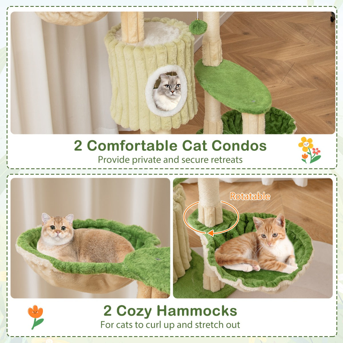 Multi-Level Aesthetic Stripped Kitten Tower with 2 Condos and 2 Hammocks-Green