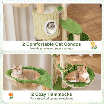 Multi-Level Aesthetic Stripped Kitten Tower with 2 Condos and 2 Hammocks-Green