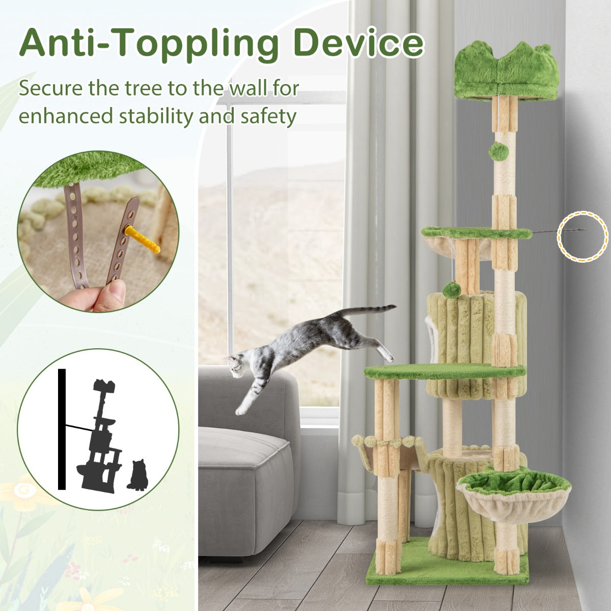 Multi-Level Aesthetic Stripped Kitten Tower with 2 Condos and 2 Hammocks-Green