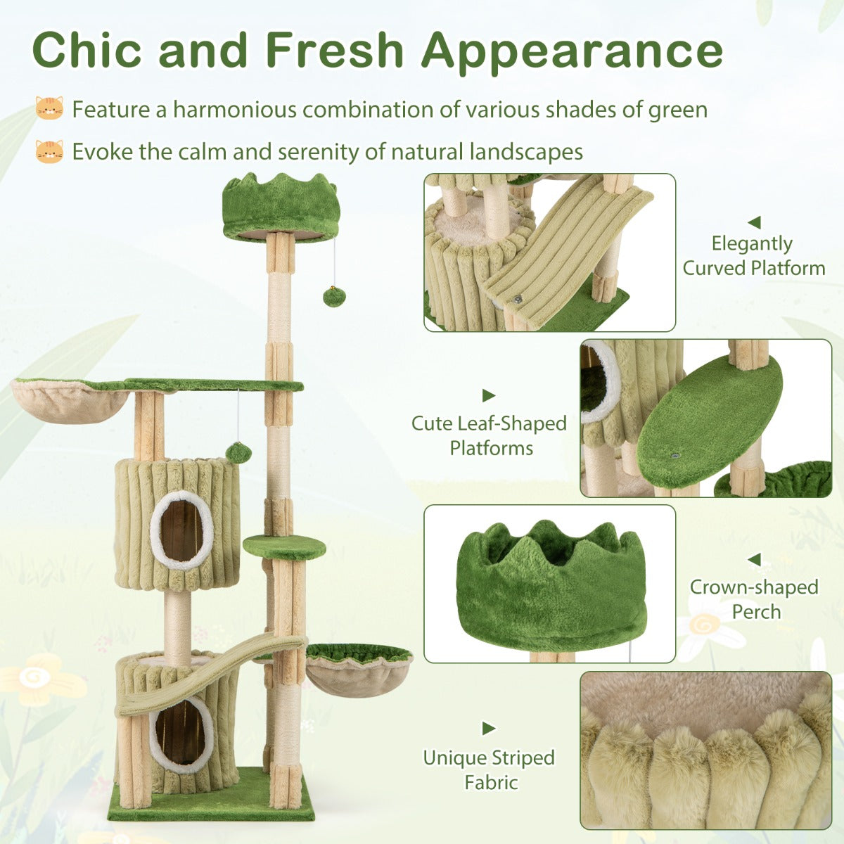 Multi-Level Aesthetic Stripped Kitten Tower with 2 Condos and 2 Hammocks-Green
