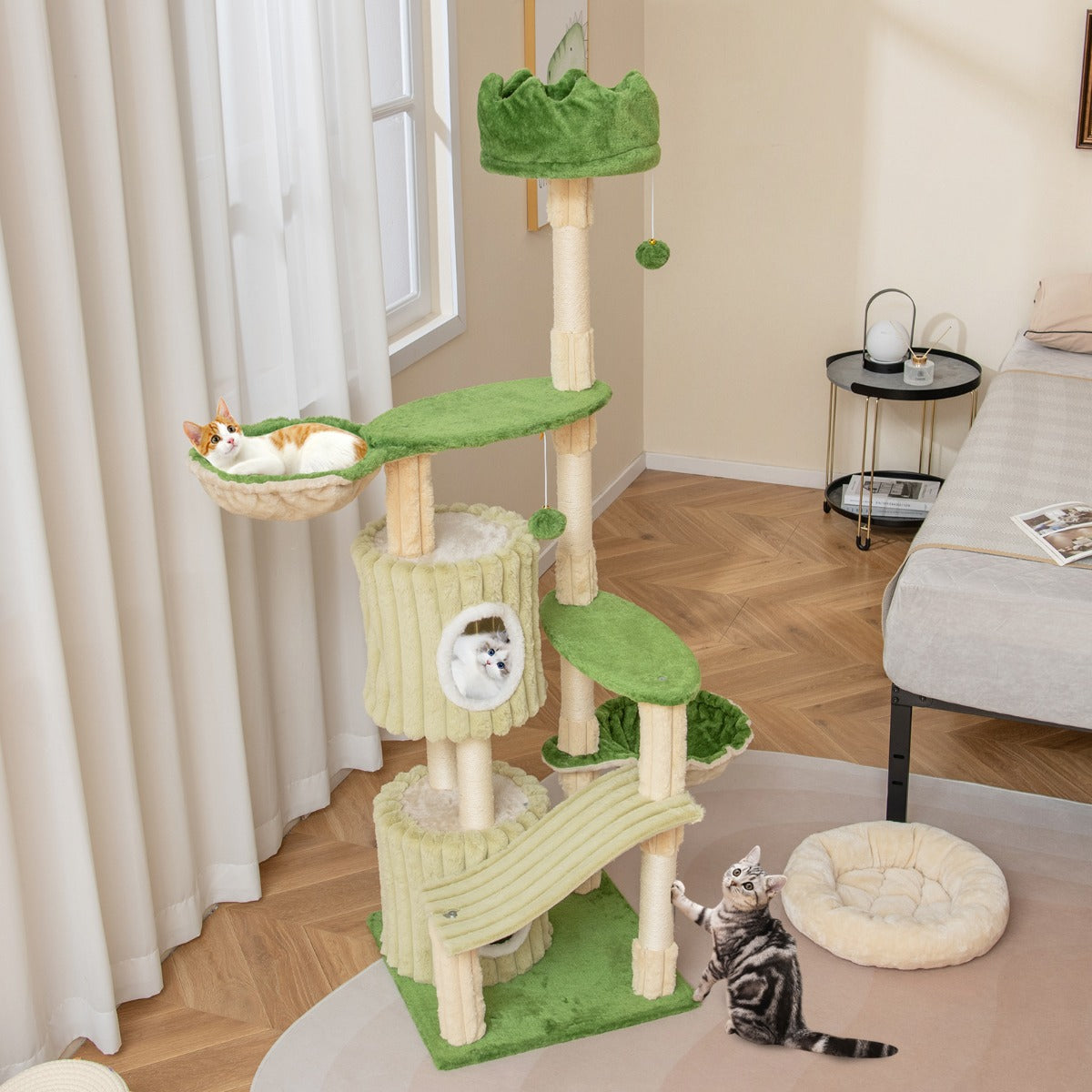 Multi-Level Aesthetic Stripped Kitten Tower with 2 Condos and 2 Hammocks-Green