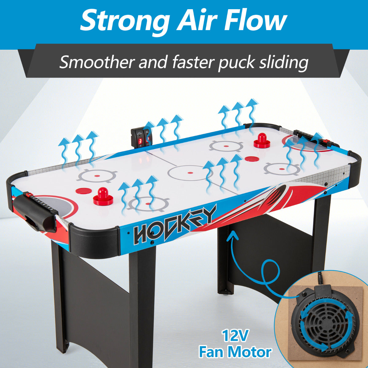 Air Hockey Table with LED Scoreboard and Powerful 12V Motor-Blue