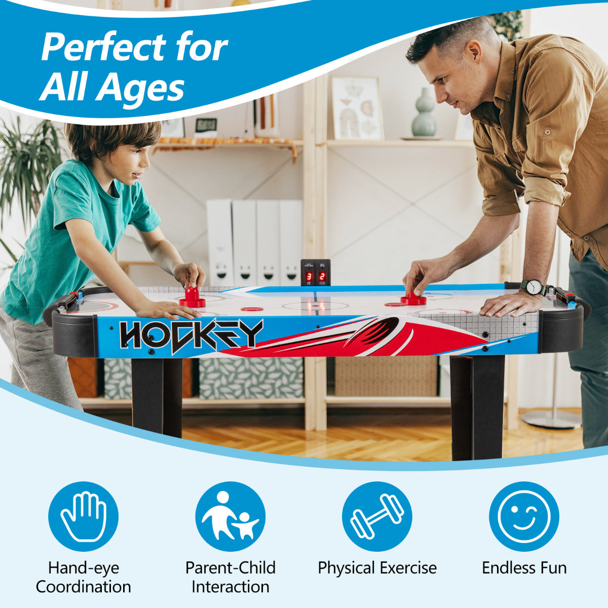 Air Hockey Table with LED Scoreboard and Powerful 12V Motor-Blue