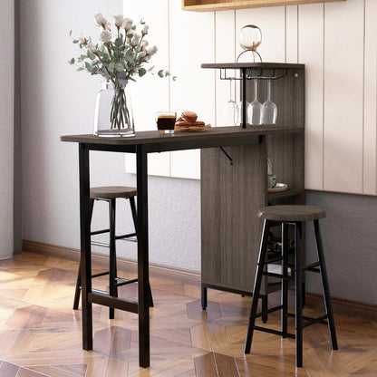 3 Pieces Bar Table & Chair Set with 6-Bottle Wine Racks for Dining Room-Brown