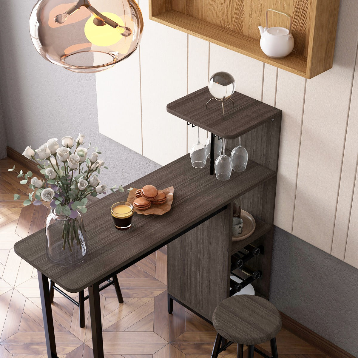 3 Pieces Bar Table & Chair Set with 6-Bottle Wine Racks for Dining Room-Brown