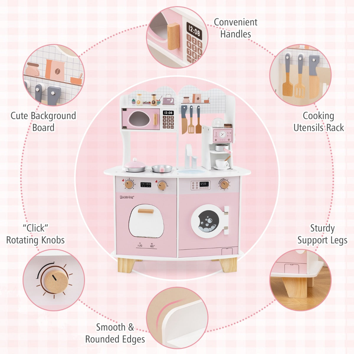 All-in-1 Wooden Kids Pretend Kitchen Playset with Coffee Maker Microwave-Pink