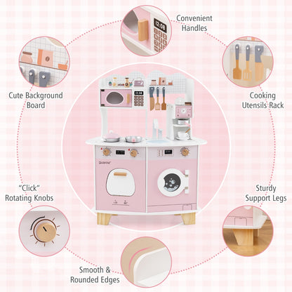 All-in-1 Wooden Kids Pretend Kitchen Playset with Coffee Maker Microwave-Pink