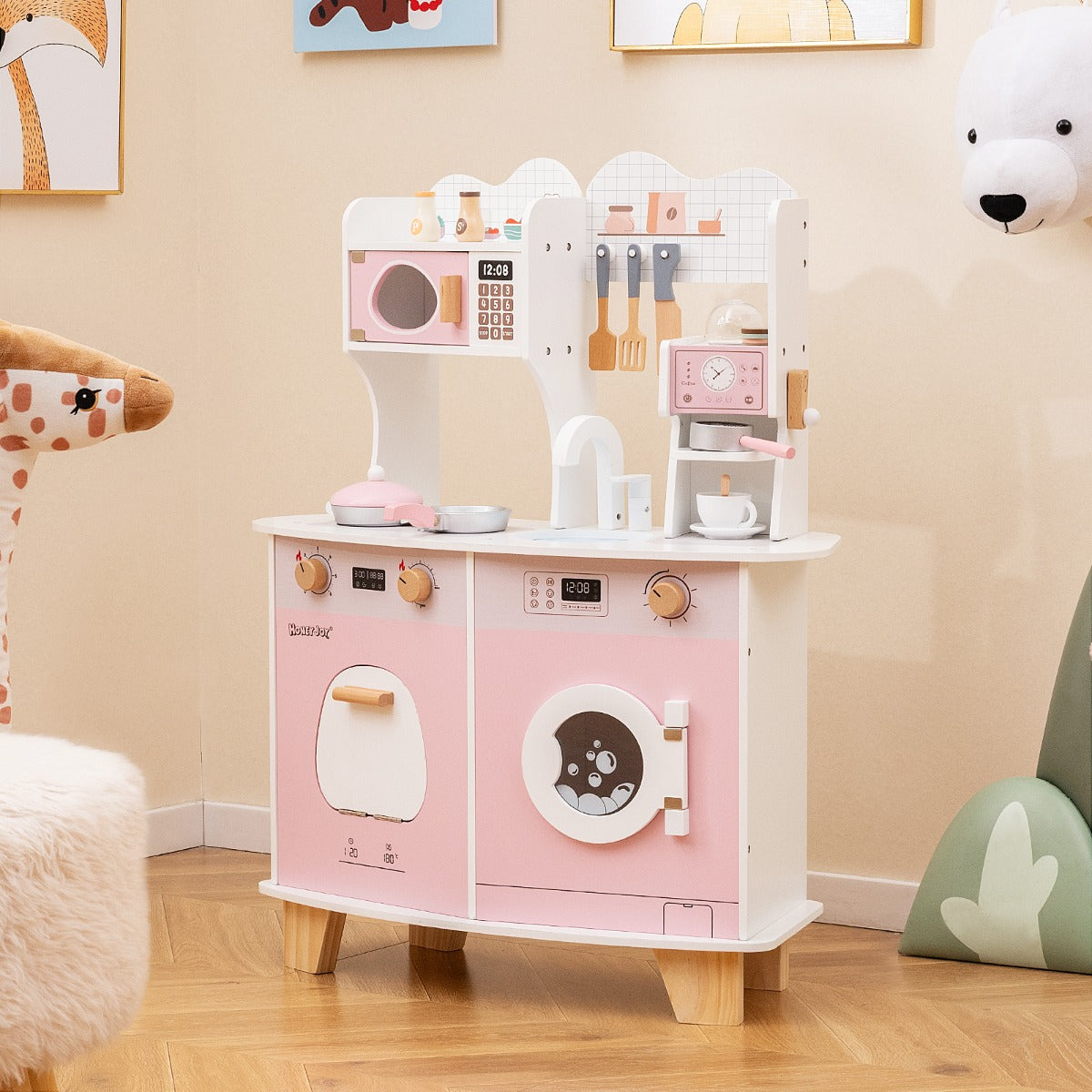 All-in-1 Wooden Kids Pretend Kitchen Playset with Coffee Maker Microwave-Pink