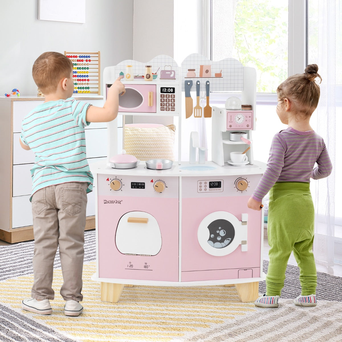 All-in-1 Wooden Kids Pretend Kitchen Playset with Coffee Maker Microwave-Pink