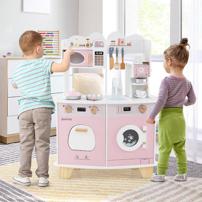 All-in-1 Wooden Kids Pretend Kitchen Playset with Coffee Maker Microwave-Pink