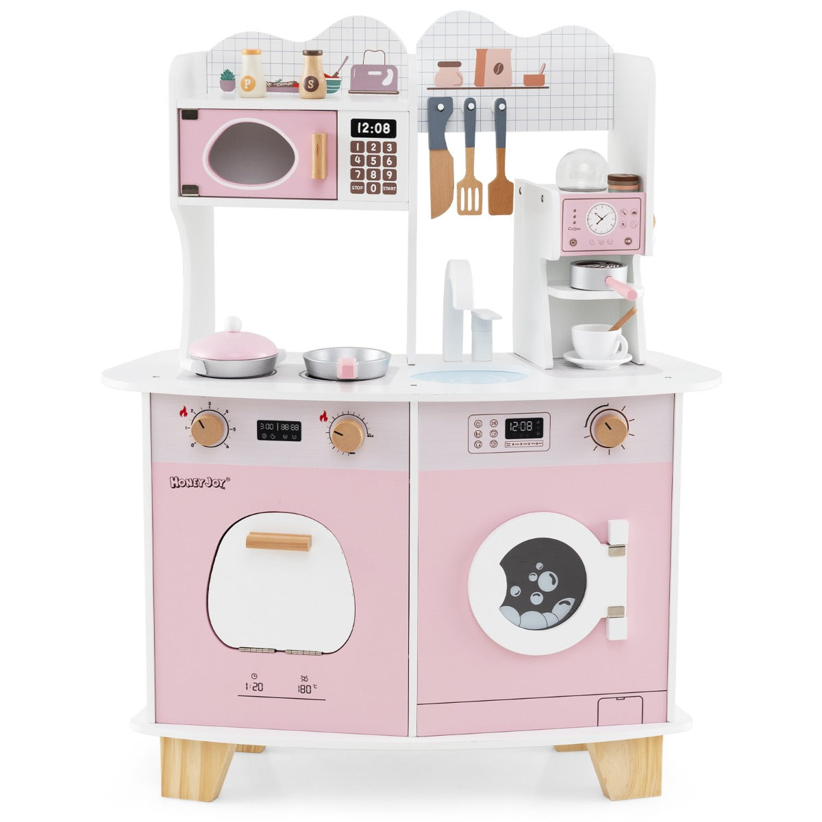All-in-1 Wooden Kids Pretend Kitchen Playset with Coffee Maker Microwave-Pink