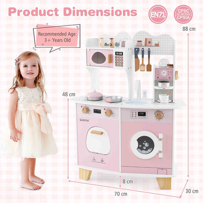 All-in-1 Wooden Kids Pretend Kitchen Playset with Coffee Maker Microwave-Pink