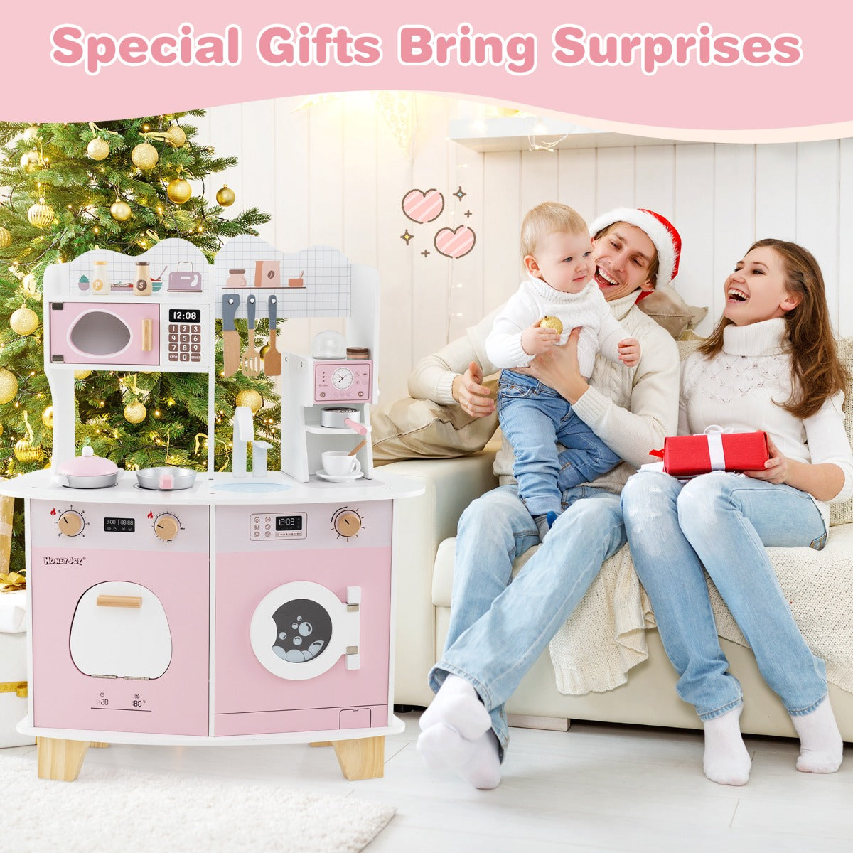 All-in-1 Wooden Kids Pretend Kitchen Playset with Coffee Maker Microwave-Pink