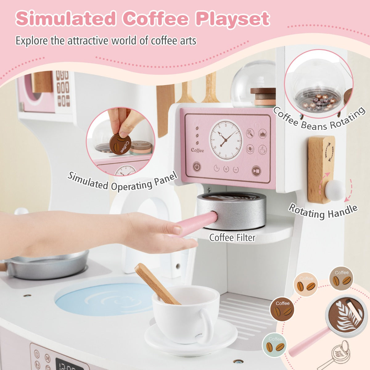 All-in-1 Wooden Kids Pretend Kitchen Playset with Coffee Maker Microwave-Pink