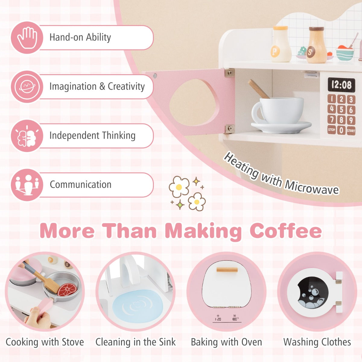 All-in-1 Wooden Kids Pretend Kitchen Playset with Coffee Maker Microwave-Pink
