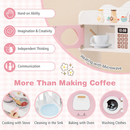 All-in-1 Wooden Kids Pretend Kitchen Playset with Coffee Maker Microwave-Pink