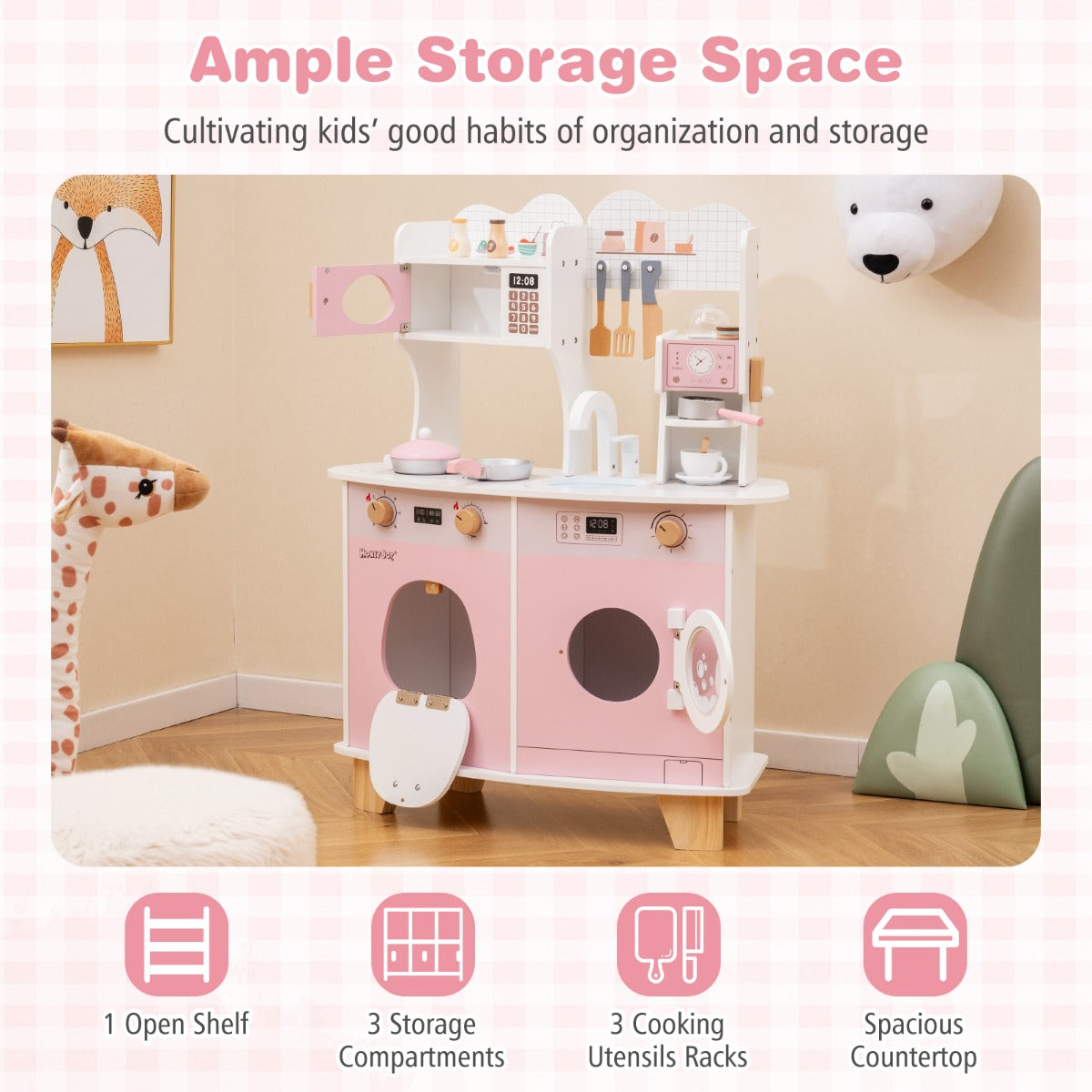 All-in-1 Wooden Kids Pretend Kitchen Playset with Coffee Maker Microwave-Pink