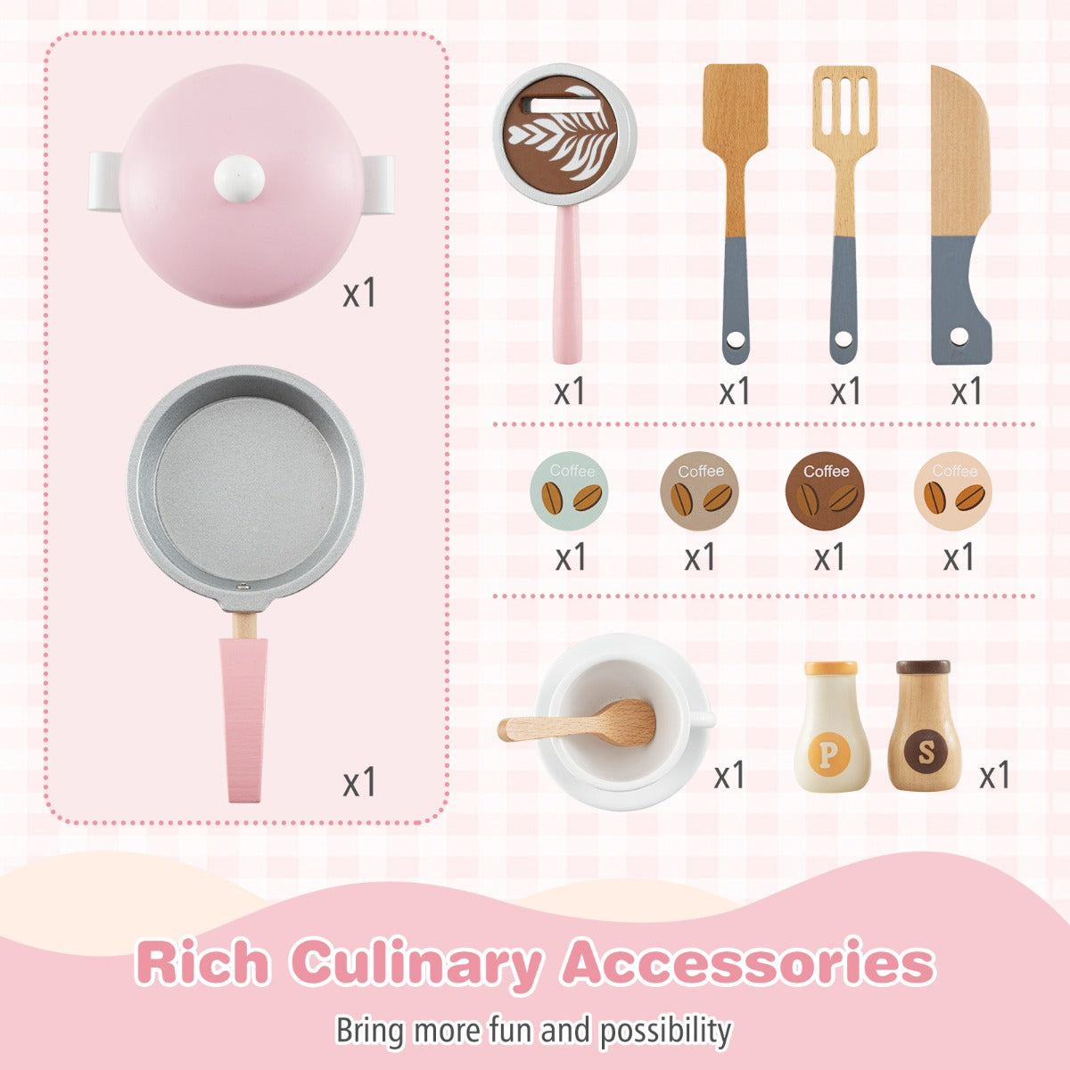 All-in-1 Wooden Kids Pretend Kitchen Playset with Coffee Maker Microwave-Pink
