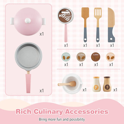 All-in-1 Wooden Kids Pretend Kitchen Playset with Coffee Maker Microwave-Pink