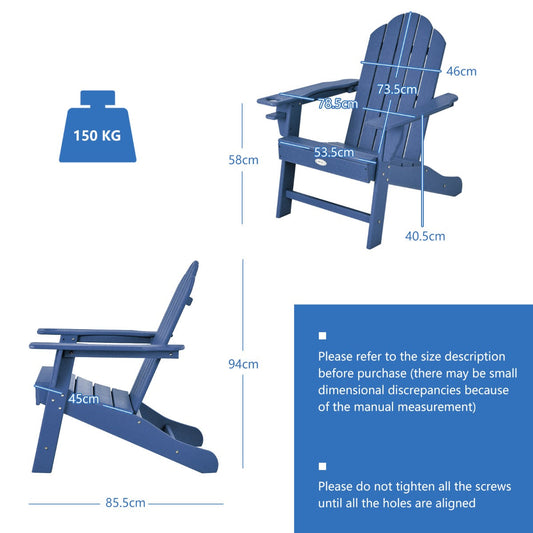 Weather-resistant PE Adirondack chair with ergonomic backrest, wide armrests, oversized seat, and cup holder