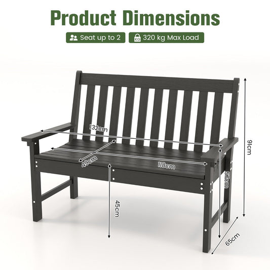 Black HDPE patio bench supports up to 320 kilograms for stable two-person outdoor seating