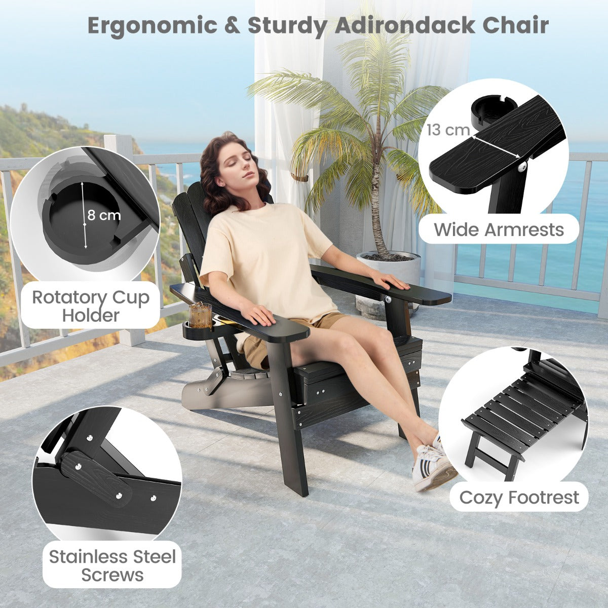 All-Weather HIPS Patio Adirondack Chair 180kg Loaded-Black