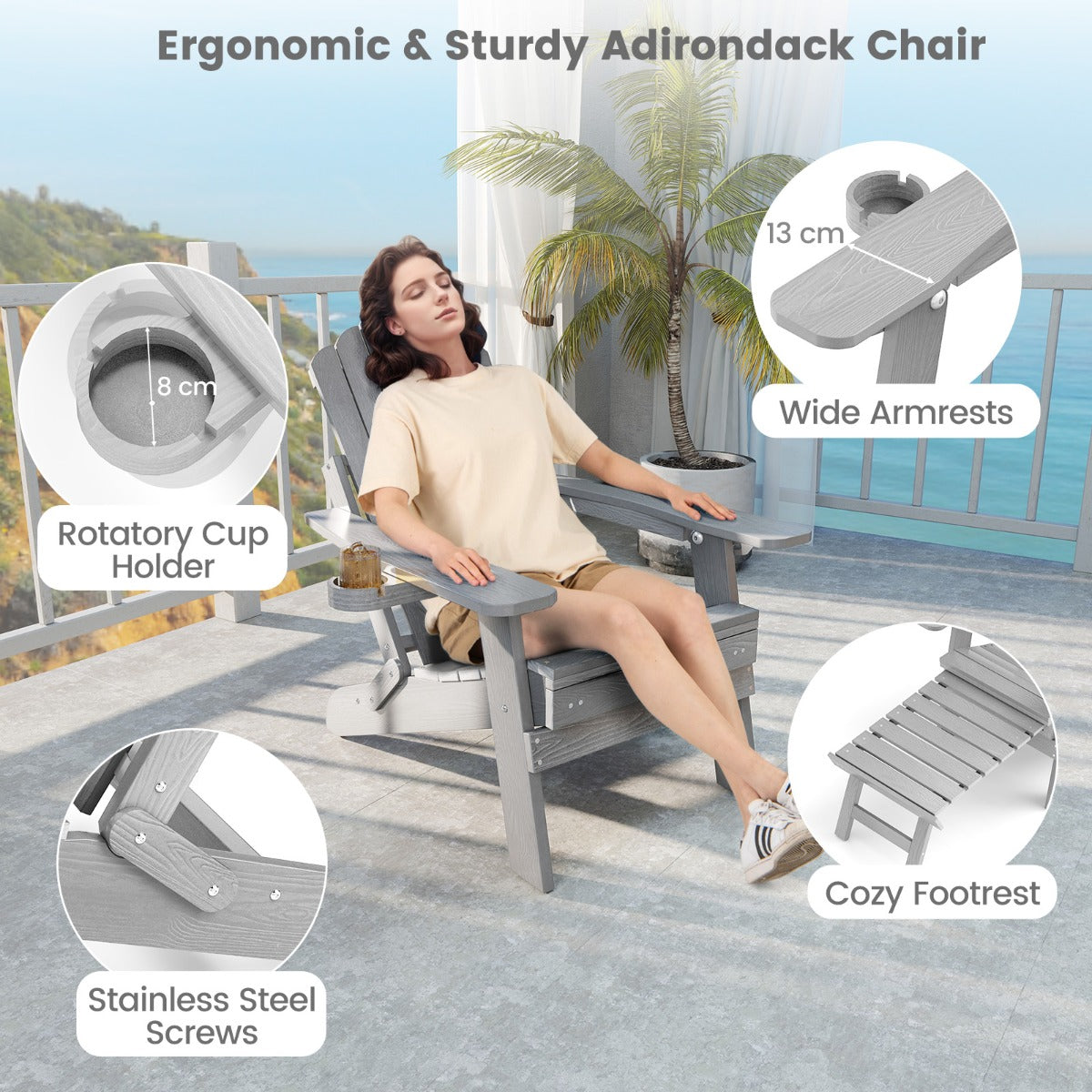 All-Weather HIPS Patio Adirondack Chair 180kg Loaded-Grey