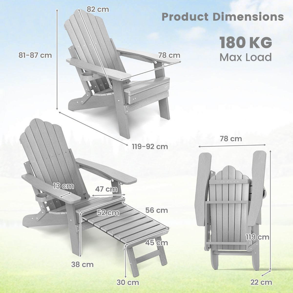All-Weather HIPS Patio Adirondack Chair 180kg Loaded-Grey