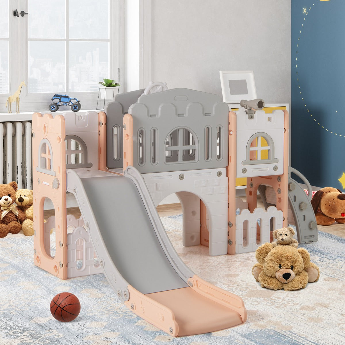 All in 1 L-shaped Toddle Slide with Tunnel and Basketball Hoop for Toddlers Age 1-3-Grey