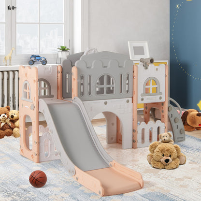 All in 1 L-shaped Toddle Slide with Tunnel and Basketball Hoop for Toddlers Age 1-3-Grey
