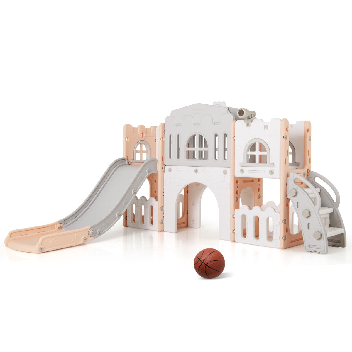 All in 1 L-shaped Toddle Slide with Tunnel and Basketball Hoop for Toddlers Age 1-3-Grey