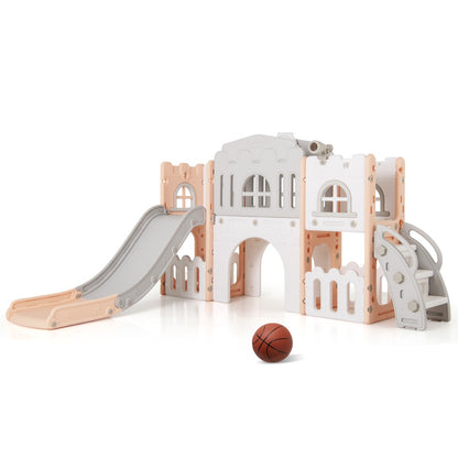All in 1 L-shaped Toddle Slide with Tunnel and Basketball Hoop for Toddlers Age 1-3-Grey