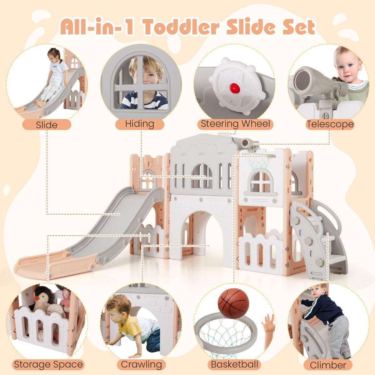 All in 1 L-shaped Toddle Slide with Tunnel and Basketball Hoop for Toddlers Age 1-3-Grey