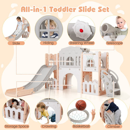 All in 1 L-shaped Toddle Slide with Tunnel and Basketball Hoop for Toddlers Age 1-3-Grey
