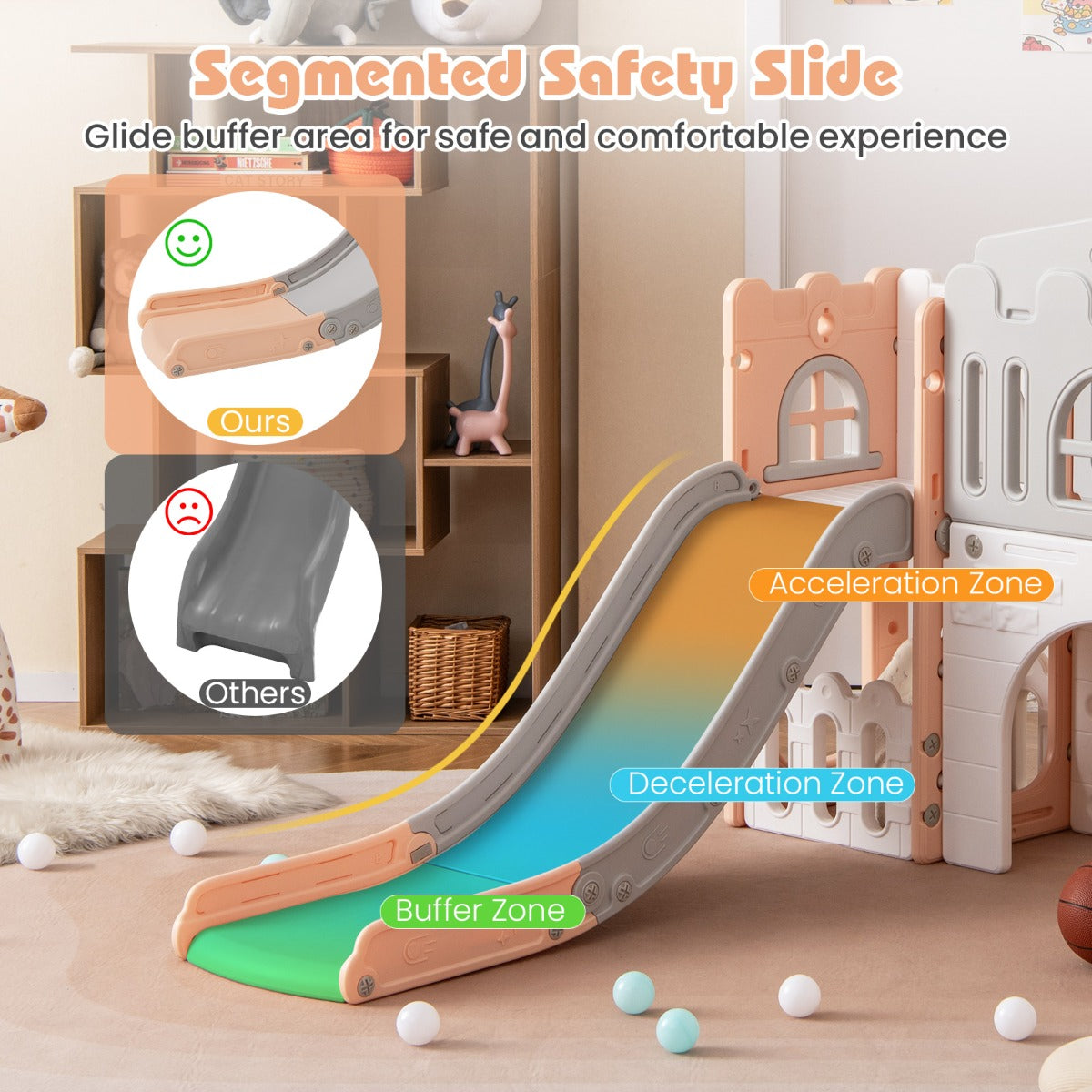 All in 1 L-shaped Toddle Slide with Tunnel and Basketball Hoop for Toddlers Age 1-3-Grey