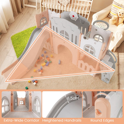 All in 1 L-shaped Toddle Slide with Tunnel and Basketball Hoop for Toddlers Age 1-3-Grey