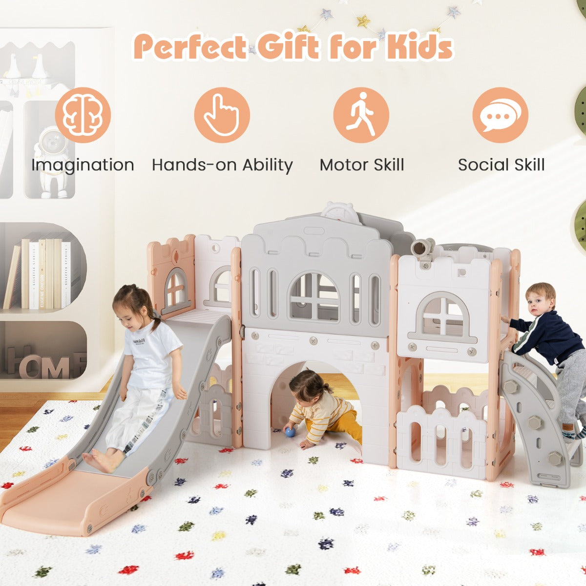 All in 1 L-shaped Toddle Slide with Tunnel and Basketball Hoop for Toddlers Age 1-3-Grey