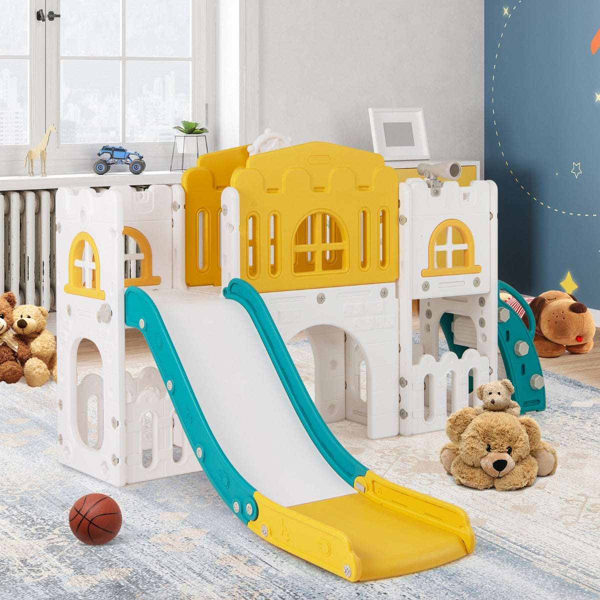 All in 1 L-shaped Toddle Slide with Tunnel and Basketball Hoop for Toddlers Age 1-3-Colourful