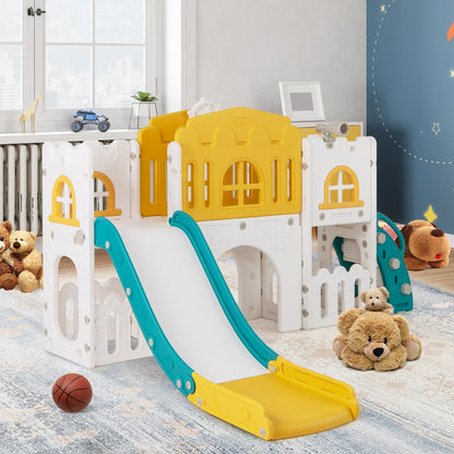 All in 1 L-shaped Toddle Slide with Tunnel and Basketball Hoop for Toddlers Age 1-3-Colourful