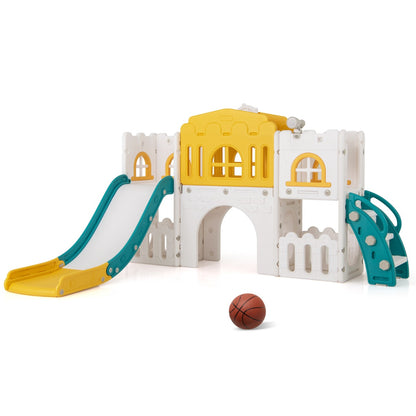 All in 1 L-shaped Toddle Slide with Tunnel and Basketball Hoop for Toddlers Age 1-3-Colourful
